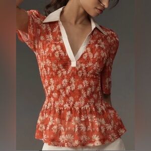 Anthropologie Maeve Sheer Botanical Print Smocked short sleeve Top sz s